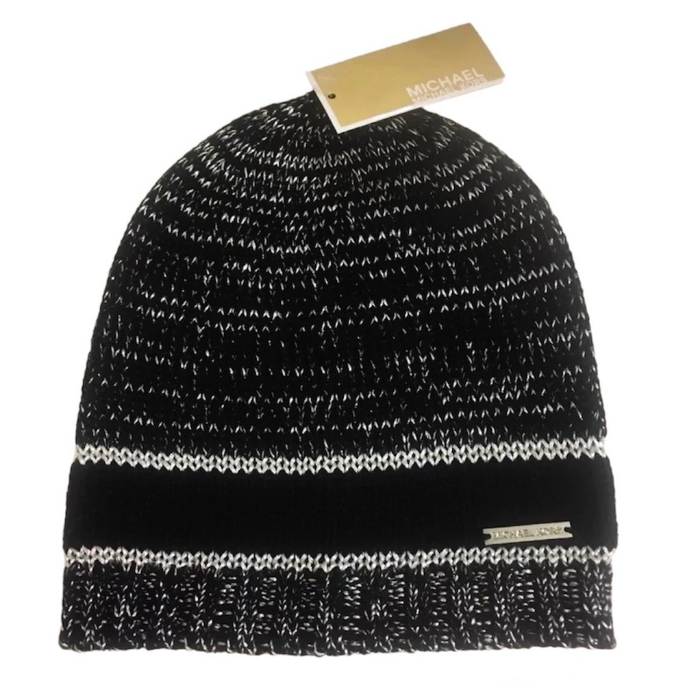 Michael Kors Unisex Black Silver Metallic Shimmer Knit Beanie NEW